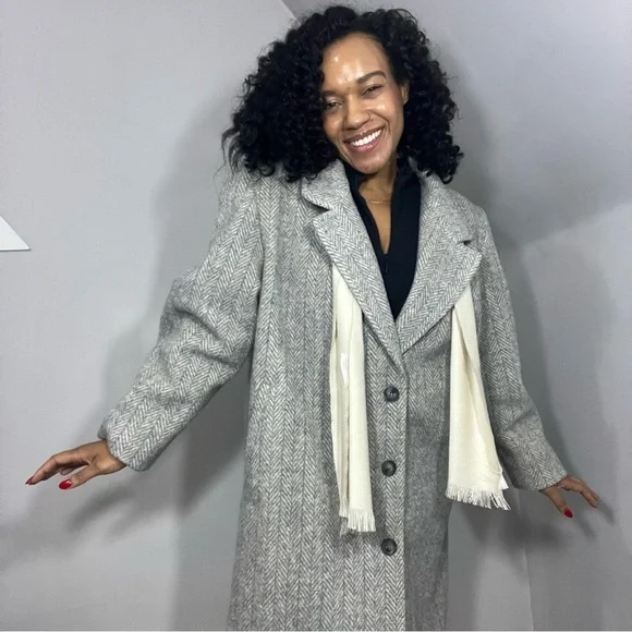 Manteau Femme Stephanie Mathews En Laine Gris Et Crème - Taille 10, Style Robe, Occasion Très Bon état